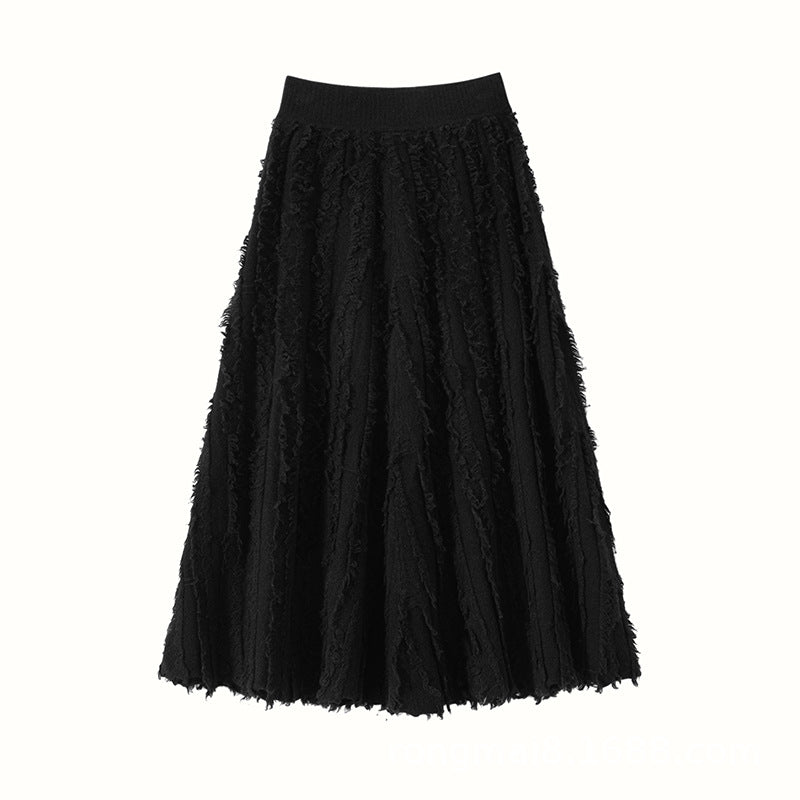 New cashmere women's knitted umbrella skirt mid-length tassel skirt