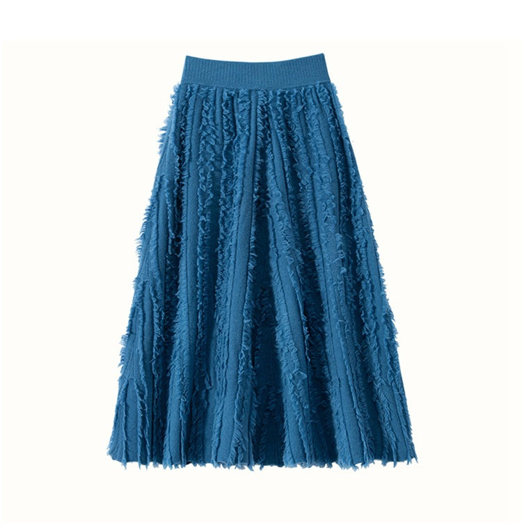 New cashmere women's knitted umbrella skirt mid-length tassel skirt