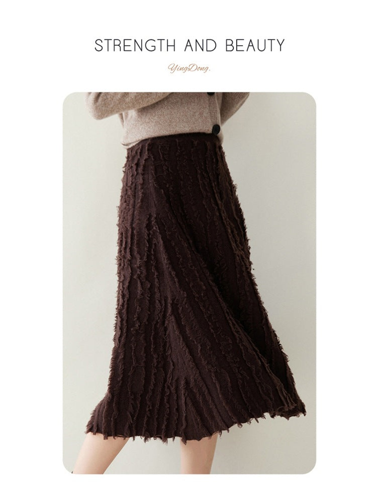 New cashmere women's knitted umbrella skirt mid-length tassel skirt