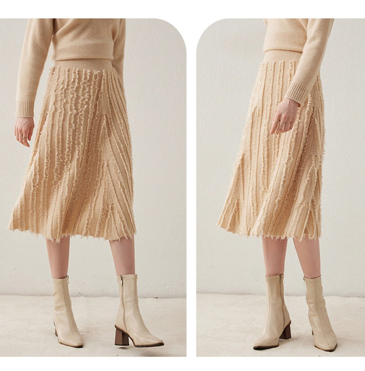 New cashmere women's knitted umbrella skirt mid-length tassel skirt