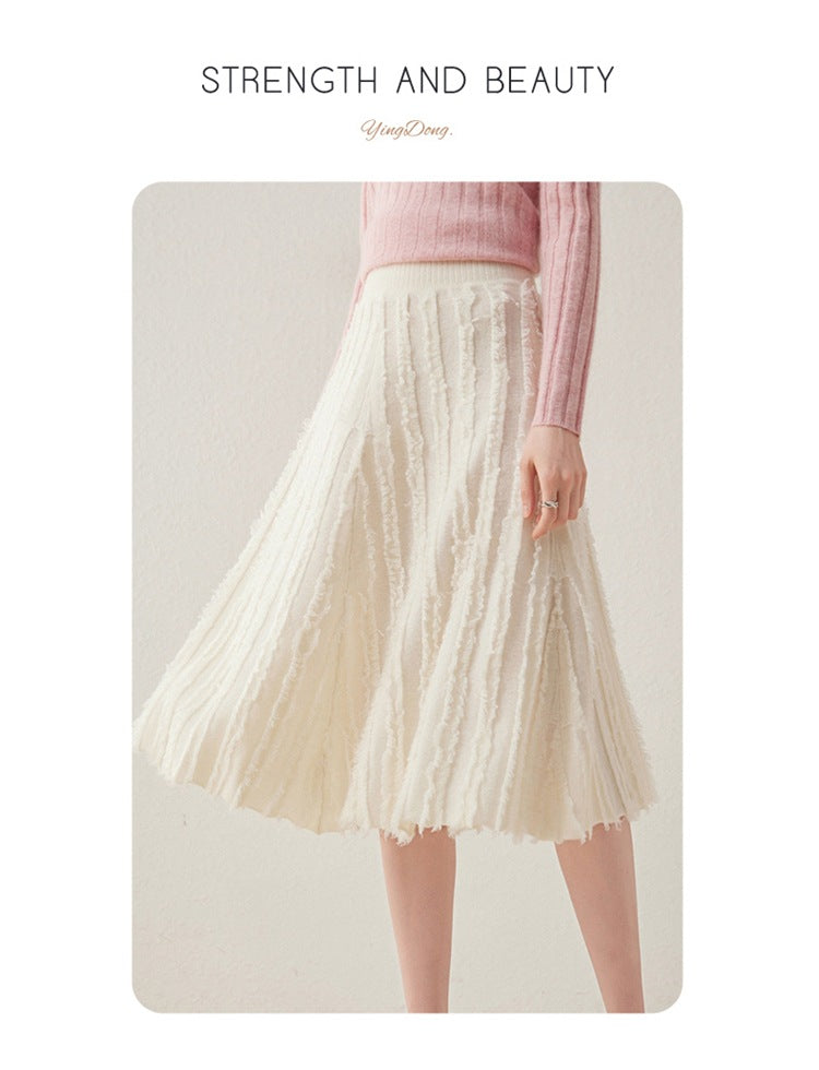 New cashmere women's knitted umbrella skirt mid-length tassel skirt