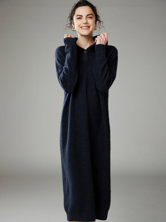 New autumn and winter cashmere knitted women's long-sleeved hooded loose thick dress