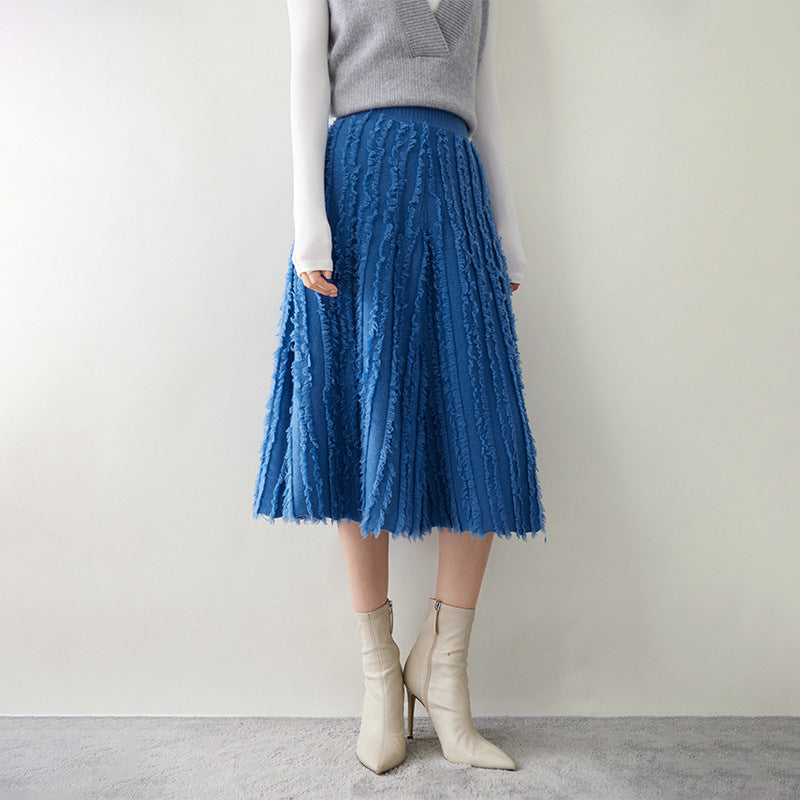 New cashmere women's knitted umbrella skirt mid-length tassel skirt