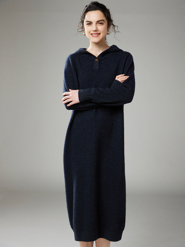 New autumn and winter cashmere knitted women's long-sleeved hooded loose thick dress