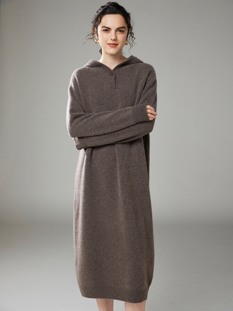 New autumn and winter cashmere knitted women's long-sleeved hooded loose thick dress