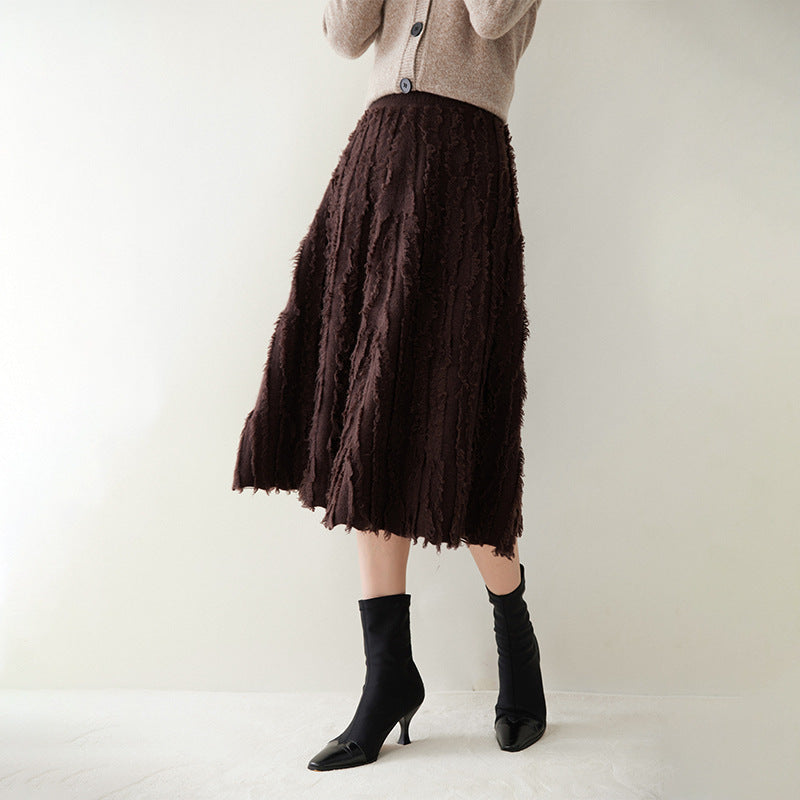 New cashmere women's knitted umbrella skirt mid-length tassel skirt