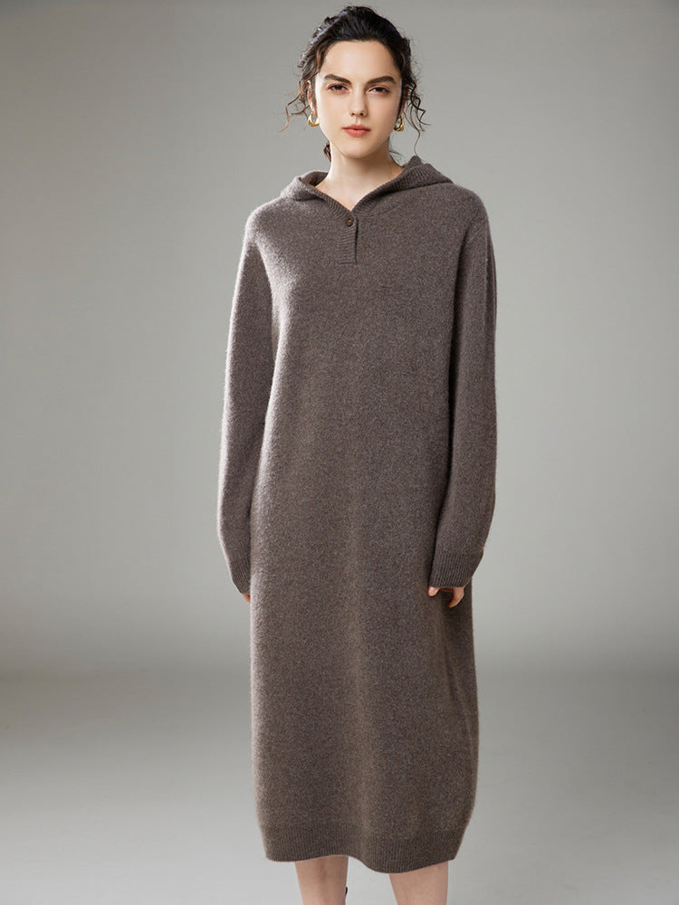 New autumn and winter cashmere knitted women's long-sleeved hooded loose thick dress