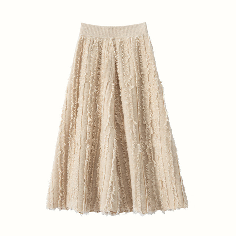 New cashmere women's knitted umbrella skirt mid-length tassel skirt