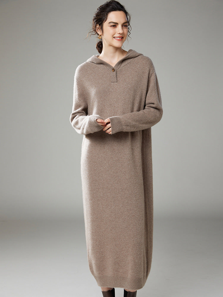 New autumn and winter cashmere knitted women's long-sleeved hooded loose thick dress