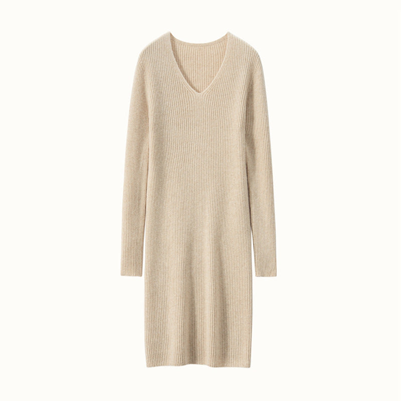 New cashmere women's V-neck dress for early autumn