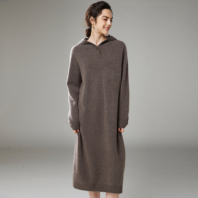 New autumn and winter cashmere knitted women's long-sleeved hooded loose thick dress