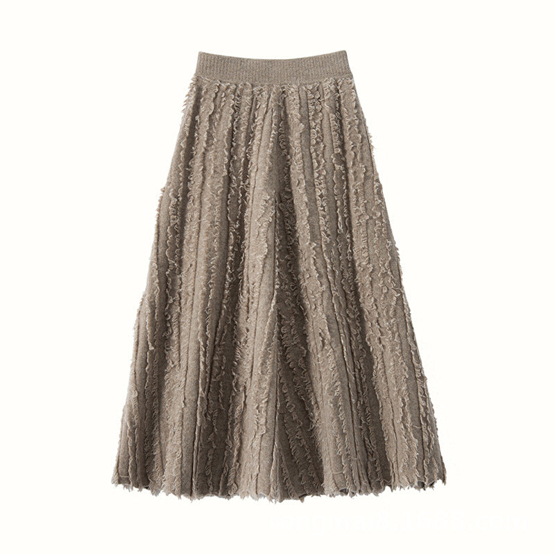 New cashmere women's knitted umbrella skirt mid-length tassel skirt