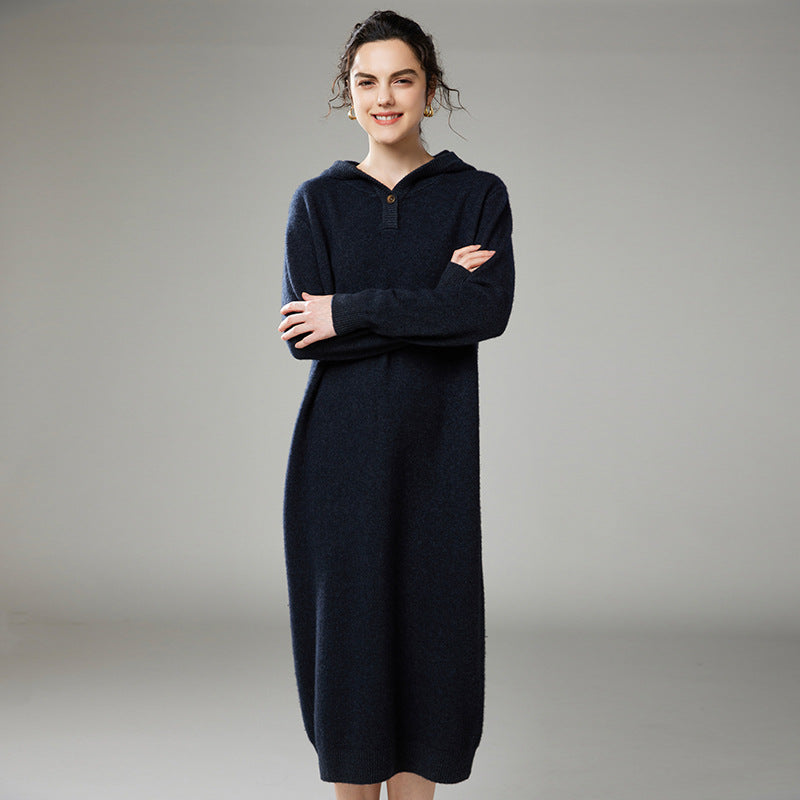 New autumn and winter cashmere knitted women's long-sleeved hooded loose thick dress