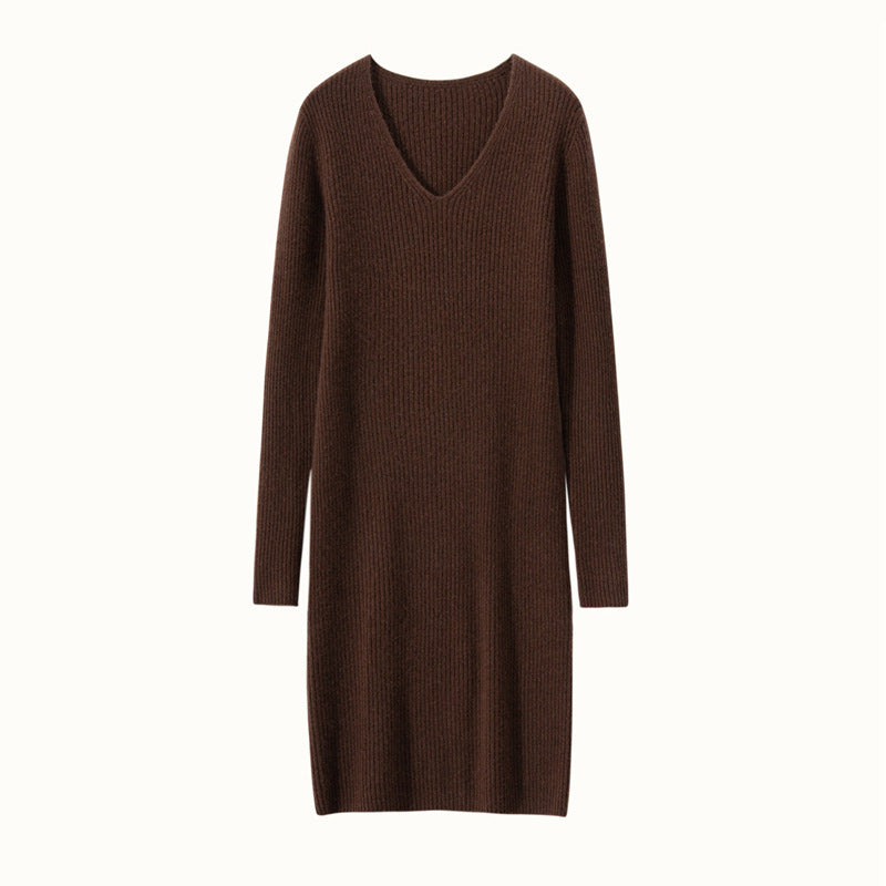 New cashmere women's V-neck dress for early autumn