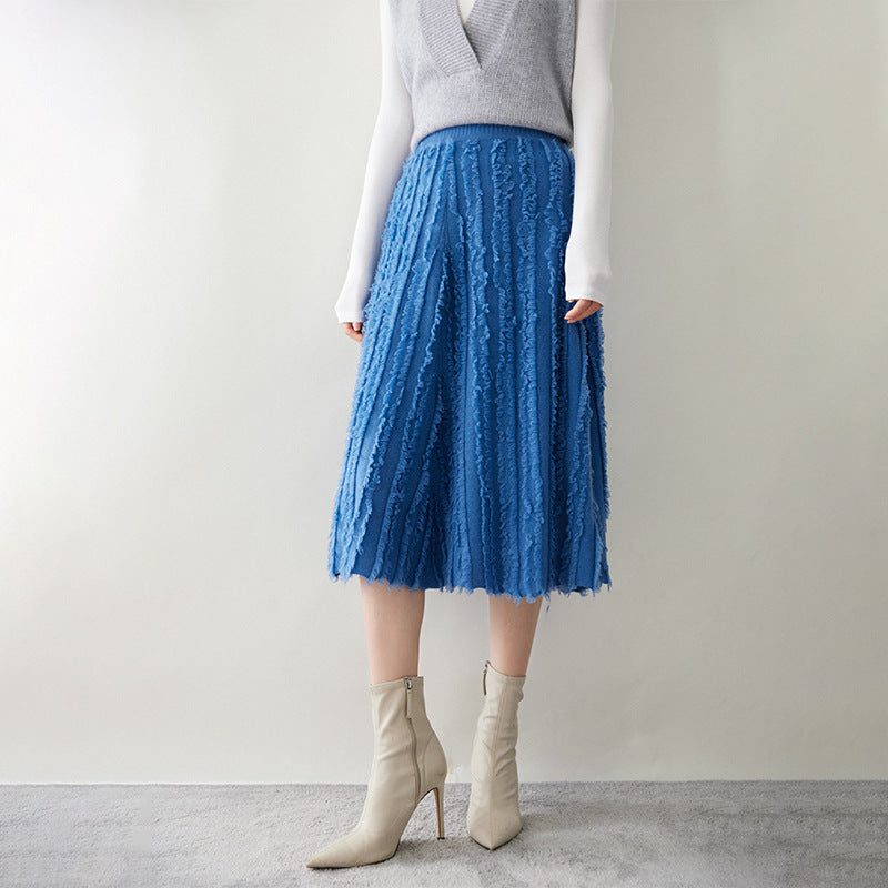 New cashmere women's knitted umbrella skirt mid-length tassel skirt