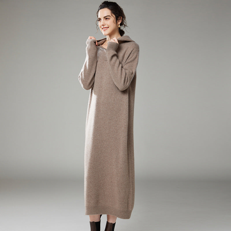 New autumn and winter cashmere knitted women's long-sleeved hooded loose thick dress