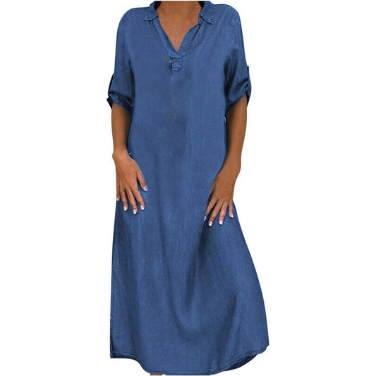 Maxi Dresses for Women UK Summer Casual Loose Long Dress Sale Clearance Women Solid Denim Dress V-Neck Roll Sleeve Button Loose Long Dress