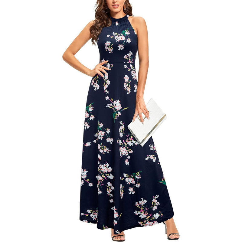 Women’s Maxi Dresses Halter Neck Summer Dress Floral Print Sleeveless Off Shoulder Elegant Long Dress