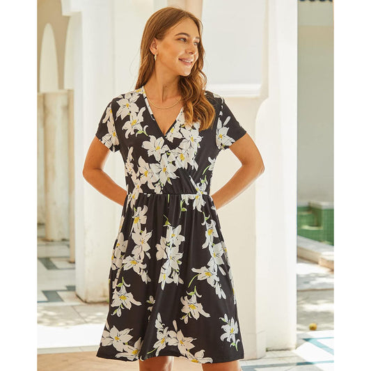 Women’s Summer Dress Short Sleeve Floral V Neck Sundress Ladies Casual Knee Length Dresses with Pockets