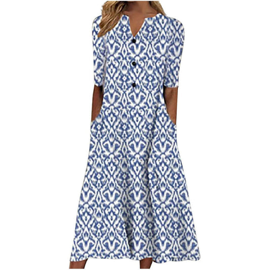 Women Dress Sale Clearance Summer Spring V-Neck Printing Pocket Buttons Casual Loose Mid-Calf Dress UK Ladies Dress