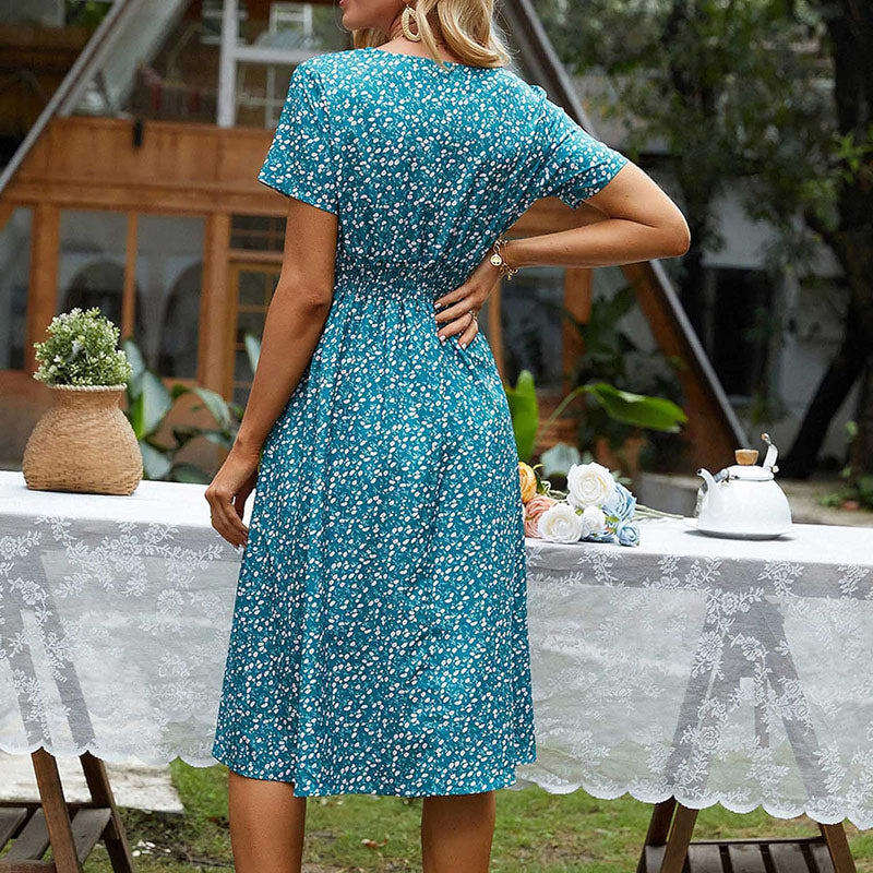 Women Dresses Sale Ladies Summer Casual Short Sleeve V-Neck Floral Dresses Slim Dress UK Size Evening Gowns Work Maxi Dress Party Elegant