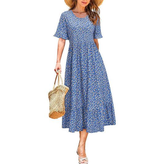 Women 2024 Summer Dress Floral Short Sleeve Ladies Casual Swing Midi Dress with Pockets