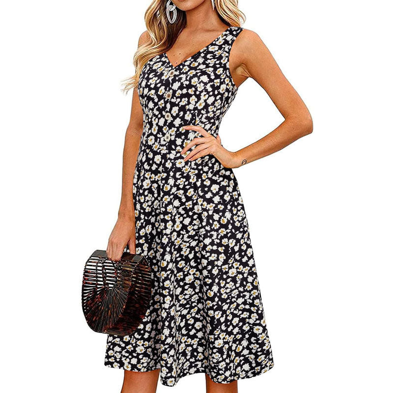 Women's 2024 Casual Summer V Neck Sleeveless Button Down Tank Dress Midi Floral Beach Party Sundress with Pockets