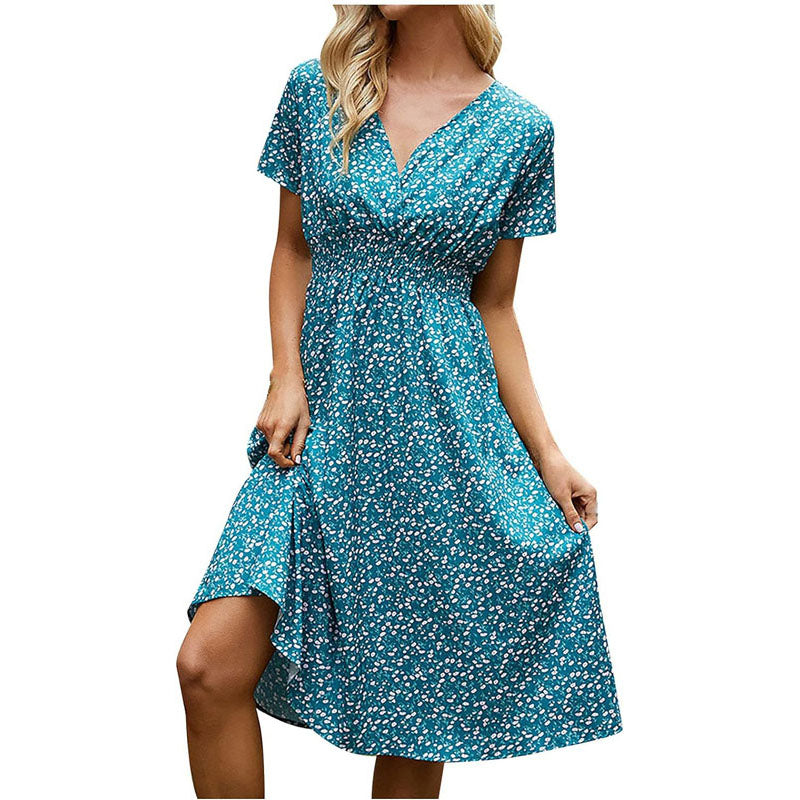 Women Dresses Sale Ladies Summer Casual Short Sleeve V-Neck Floral Dresses Slim Dress UK Size Evening Gowns Work Maxi Dress Party Elegant